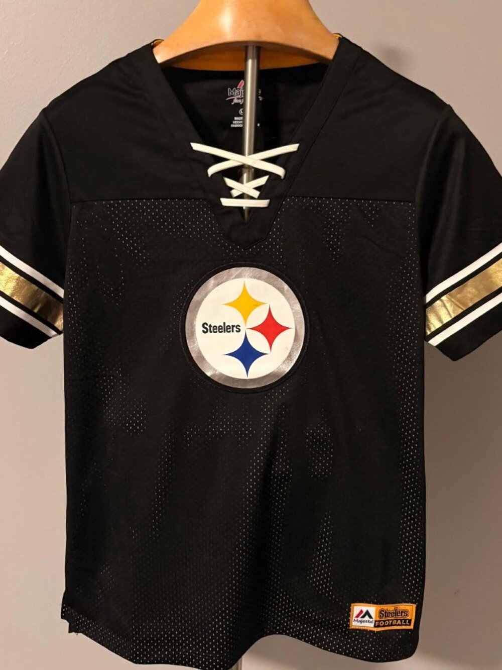 Majestic Pittsburgh Steelers Womens L Lace Up Jersey Justin Fields 2 Black Gold